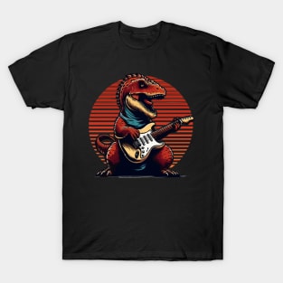 Retro musician tyrannosaurus playing on guitar T-Shirt